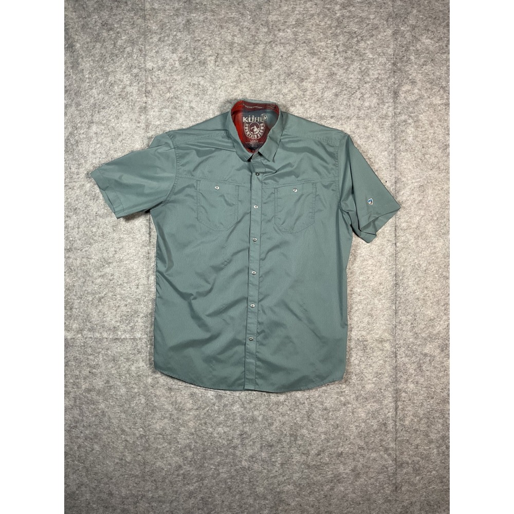 KUHL Mens Large Short Sleeve Button Down Shirt Blue Plaid Collar Outdoor Casual